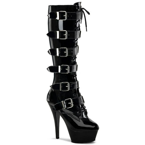 black patent knee high heeled boots
