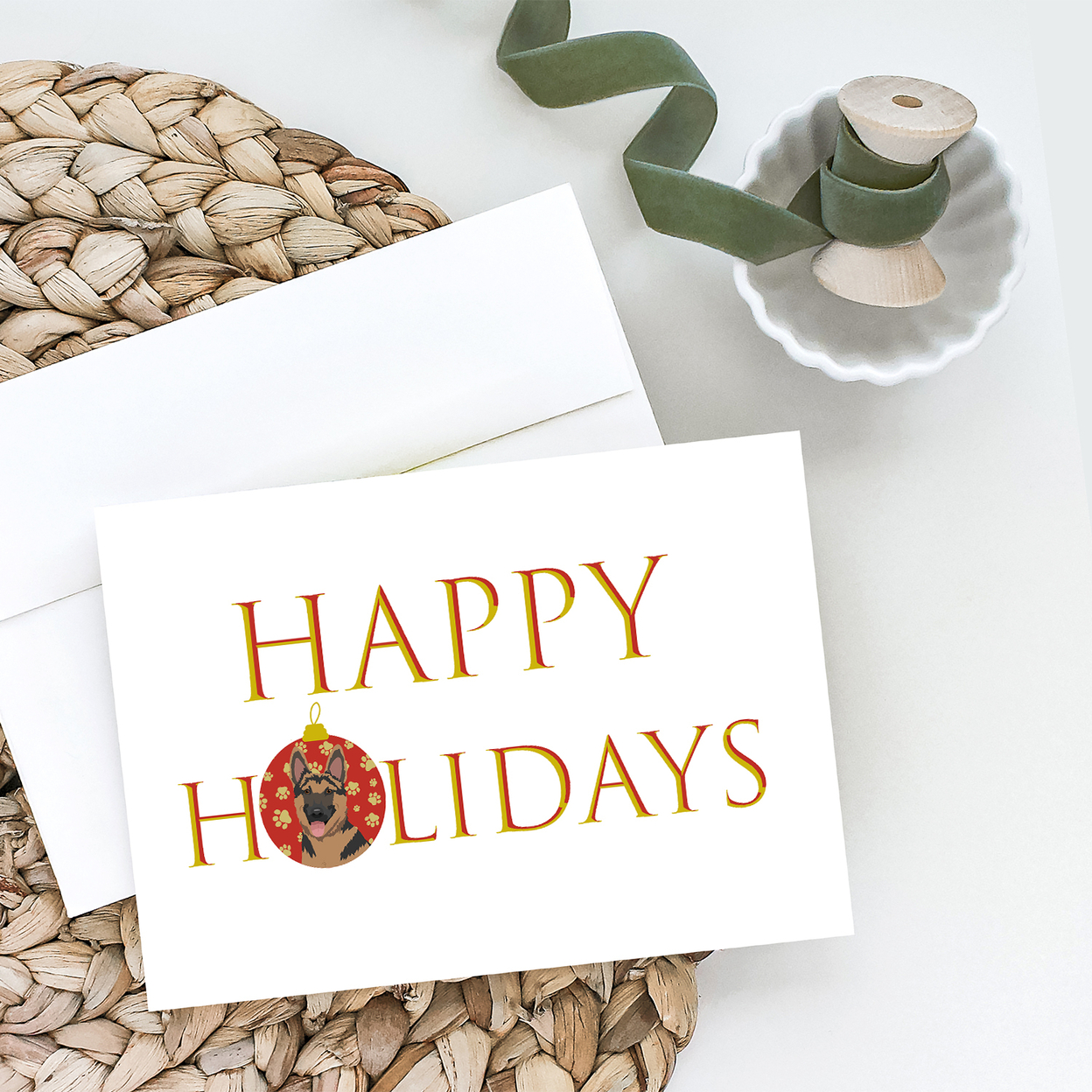 German Shepherd Red and Black Happy Holidays Greeting Cards and Envelopes Pack of 8 7 in x 5 in
