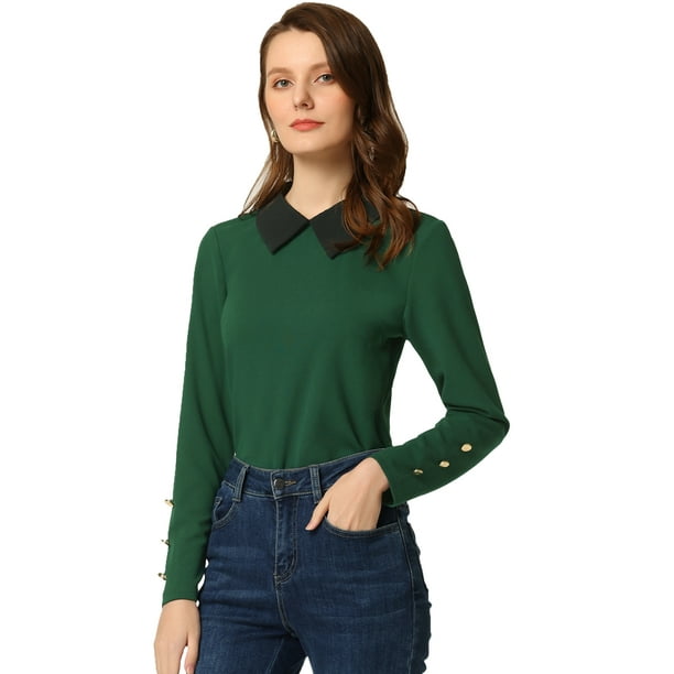 Blusa de punto de manga larga con cuello Peter Pan para mujer Verde M