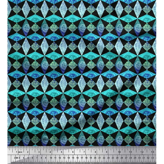 Soimoi Blue Cotton Duck Fabric Diamond & Triangle Geometric Print Sewing Fabric Yard 42 Inch Wide