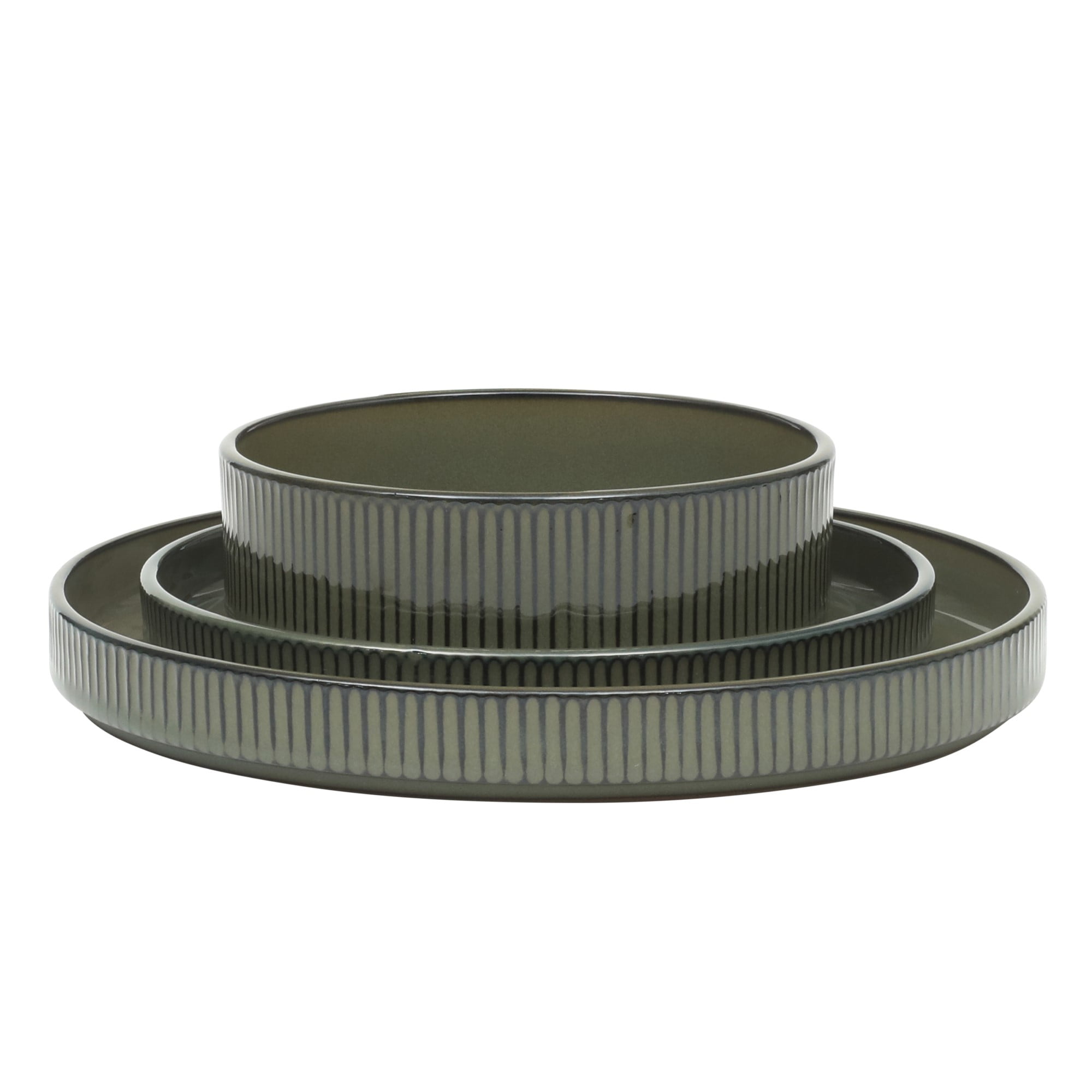 Gibson Elite 12 Piece (Service for 4) Townscape Plates and Bowls Reactive Glaze Embossed Round Dishes Terracotta Ceramic Dinnerware Set - Dark Green