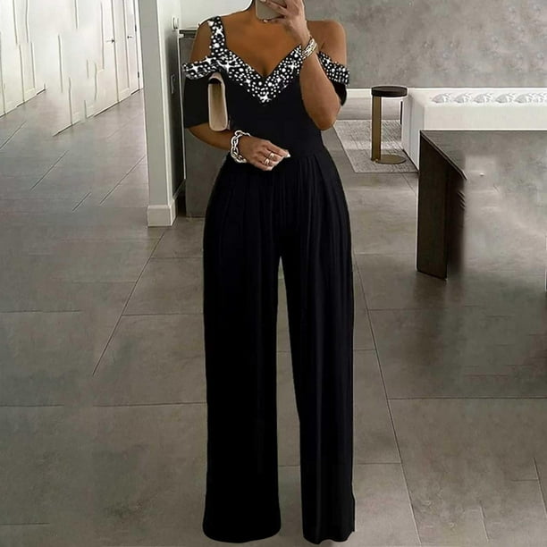 Dressy Jumpsuits for Women Fashion Classy Sparkly Cold Shoulder V-Neck Wide  Legged Rompers Pant Wedding Guest Party Outfit