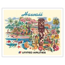 Hawaii - United Airlines - Vintage Airline Travel Poster by Joseph Fehér c.1956 - Fine Art Matte Paper Print (Unframed) 16x20in