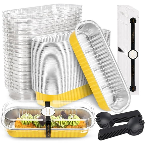 Papapt 50 Pack Mini Cake Pans with Lids and Spoons Gold Rectangular Aluminum Foil Baking Pans Mini Cheesecake Containers(6.8oz)/ J02