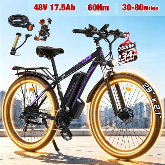PUJH Electric Mountain Bike, 29" Wheels, 30-80 Mile Range, 21-Speed Adult eBike