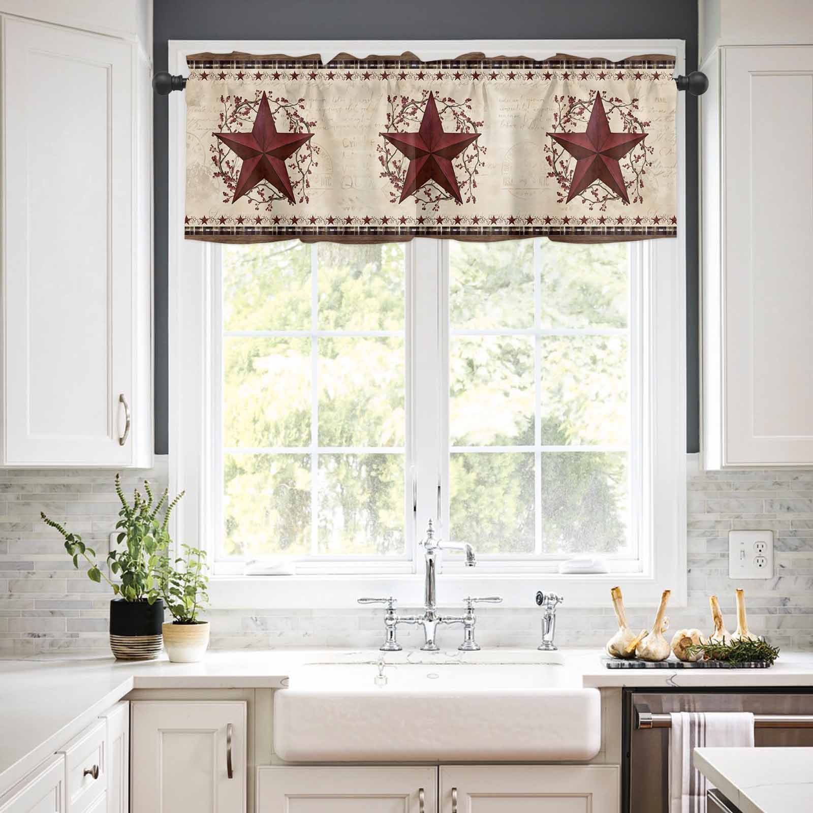 Country Star Kitchen Curtains Valance and Tier Set Red Stars Berry Linen Texture Brown Plaid Wood Grain Rod Pocket Short Curtains for Small Window 3 Pieces Set for Bedroom Cafe (54" x 18"+27" x 36")