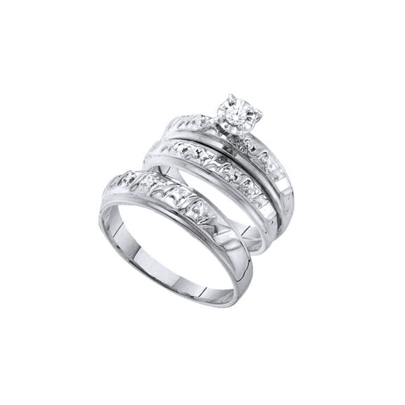 AFFY White Natural Diamond Accent Engagement & Wedding Trio Band Ring Set In 10k White Gold (0.08 Cttw)