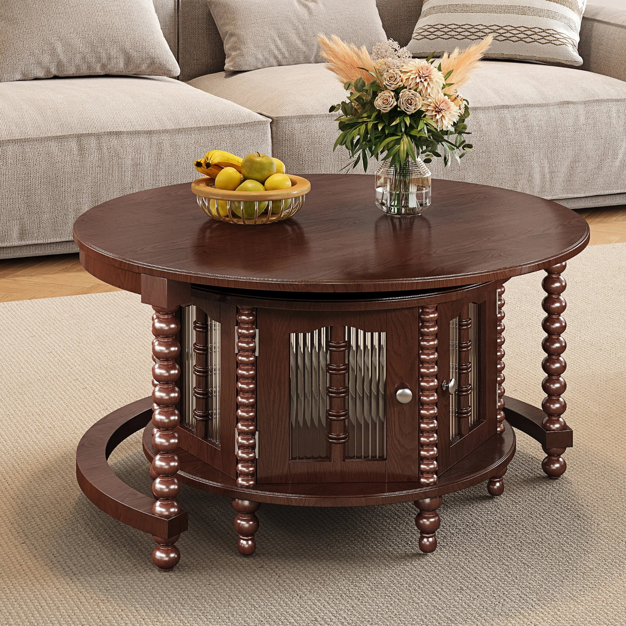 Euroco Vintage Round Nesting Coffee Table, Six Bamboo-shaped Decorative Glass Doors, Retro Beaded Legs, Walnut, 31.5"