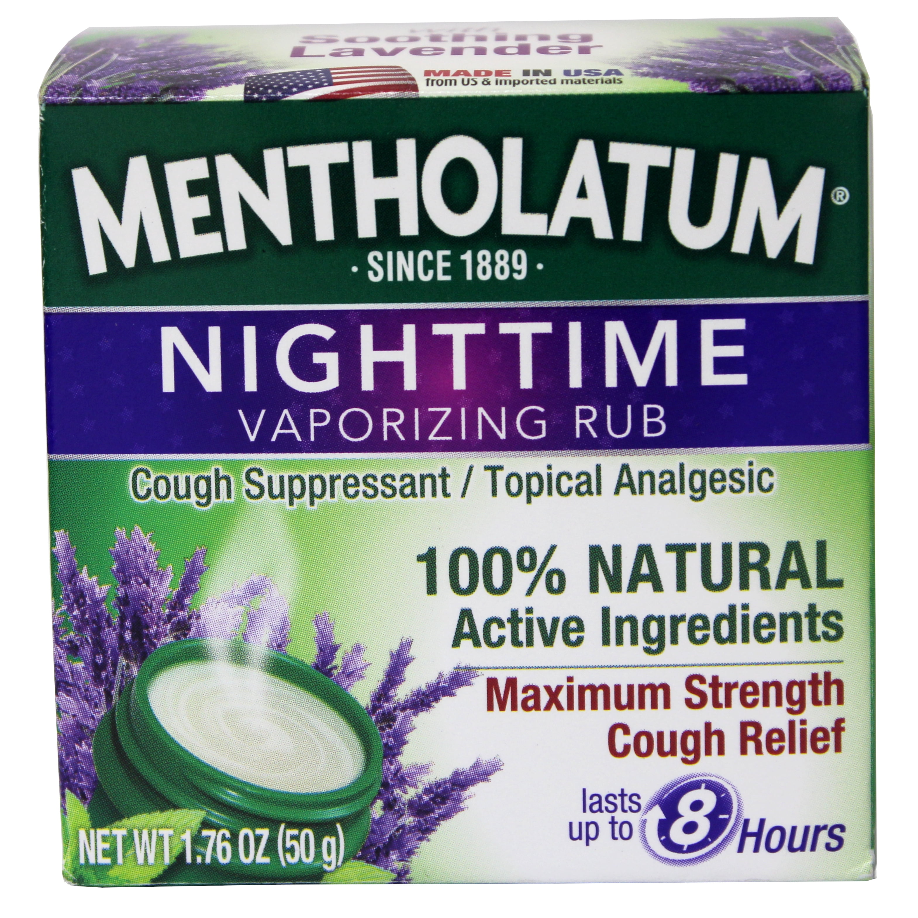 Mentholatum Nighttime Vaporizing Rub with soothing Lavender essence, 1.76 oz. (50 g) - 100% Natural Active Ingredients for Maximum Strength Cough Relief