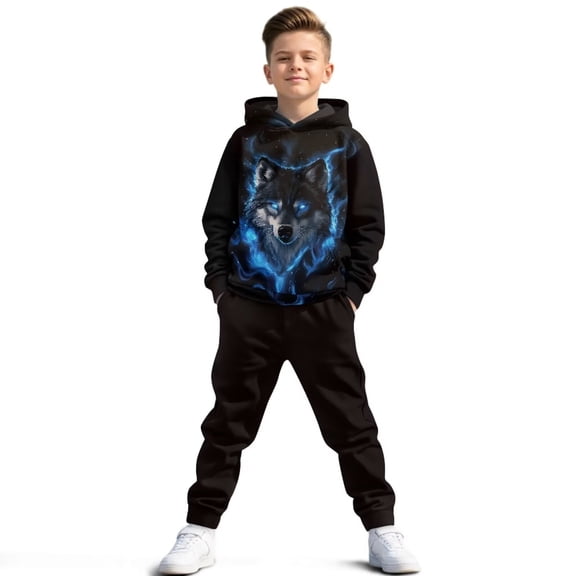 Uorisanigo Girls Boys Long Sleeve Hooded Pullover Sweatshirt Cozy Clothes Oversized Blue Cool Wolf Hoodie & Jogger Pants with Pockets 2 Piece Fall Winter Outfit Set