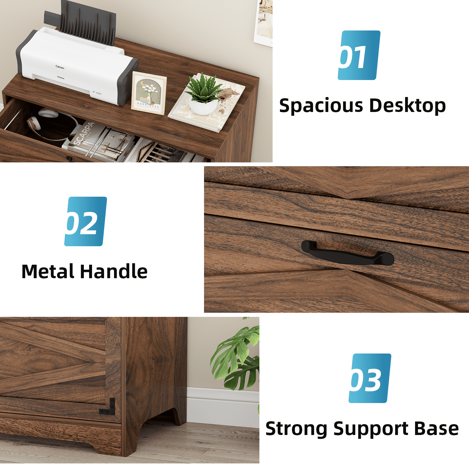 RichYa 2 Drawer Wood Lateral File Cabinet, Large Filing Cabinet for Home Office, Fits A4/Letter Size Files, Brown