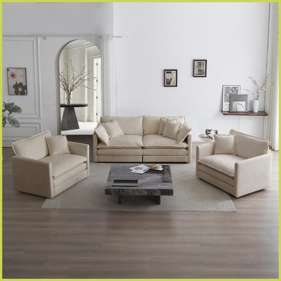 Modern Casual 3-Piece Beige Chenille Sofa Set – 2 Armchairs   1 Loveseat with Pillows for Space-Saving Living Room Comfort