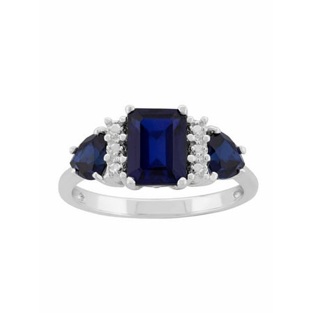 - Created Sapphire Sterling Silver Side Trillions and Emerald-Cut Center Three-Stone Ring
