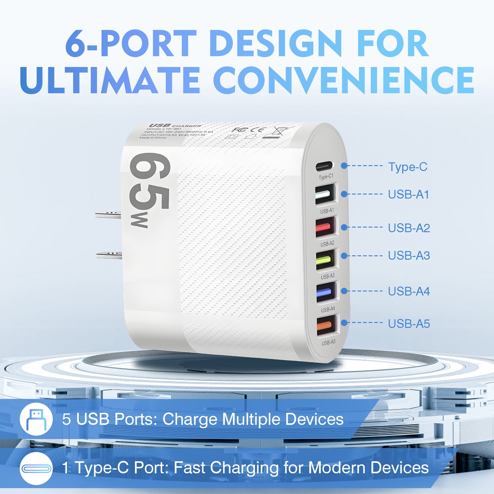 SPOKKI 2-Pack 65W USB C Fast Charger Block with 6 Ports & 3-in-1 Charging Cable, PD GaN Wall Charger Adapter for iPhone 15/14/Pro, Samsung Galaxy, iPad, MacBook, Laptop