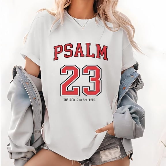 Women's 100% Casual T-Shirt with Psalm 23 Print - Round Neck, Short Sleeve, All-Season Comfort, Perfect for Outdoor Activities & Holiday Gifts, Outdoor Apparel | Geometric Print Tee | Fabric