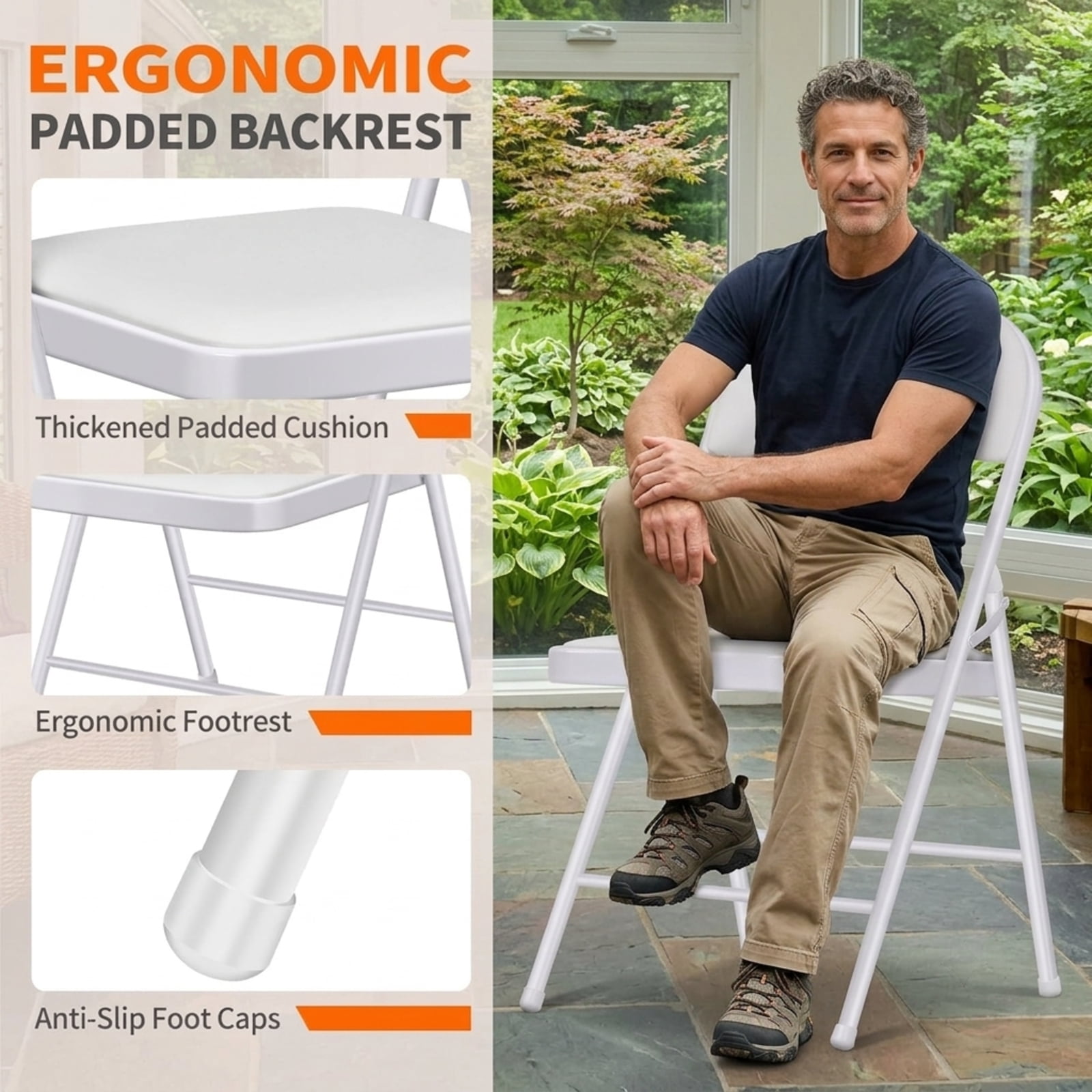 Fenbeli White Padded Folding Chairs 2 Pack, Faux Leather Seats with Steel Frames, Portable Event Seating for Weddings Offices and Parties
