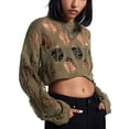 thumbnail image 1 of Whataatahia Top corto de punto para mujer, blusa holgada de verano con cuello redondo y manga larga, blusa calada de punto para mujer OD verde L, 1 of 8