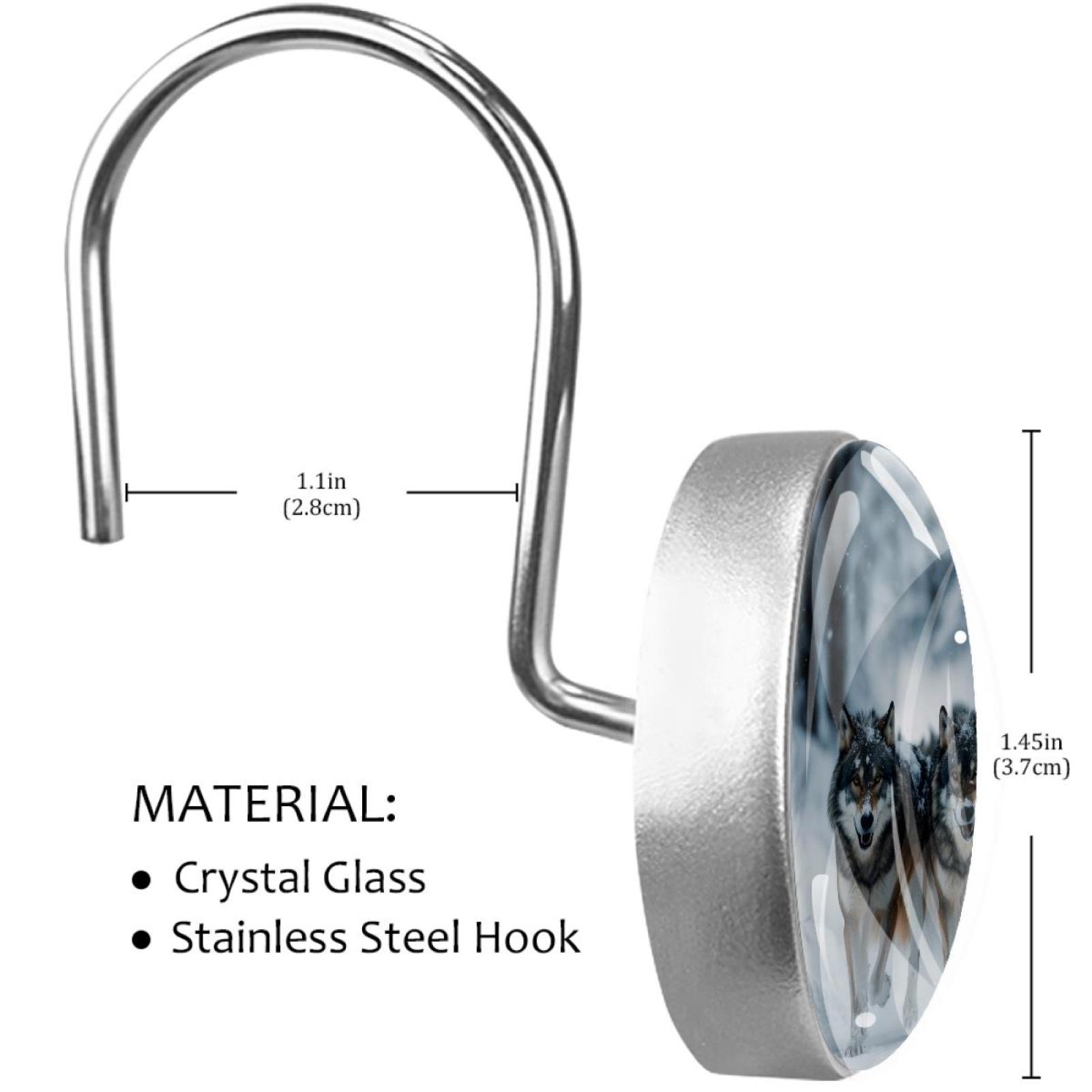 Wolf on Snow Forest Shower Curtain Hooks Round Crystal Glass, Set of 12 Shower Curtain Rings - Shower Hooks for Curtain Shower Rings