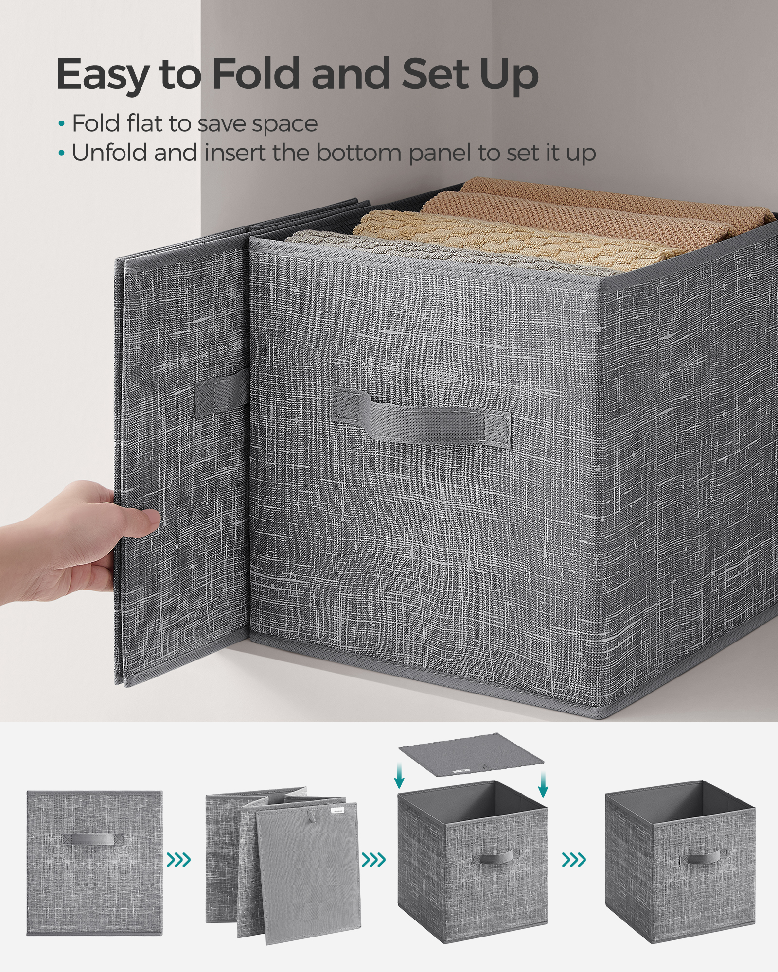 SONGMICS 8 Storage Cubes, 11.8" Non-Woven Fabric Bins with Double Handles Closet Organizers for Bedroom Living Room Cattail Gray