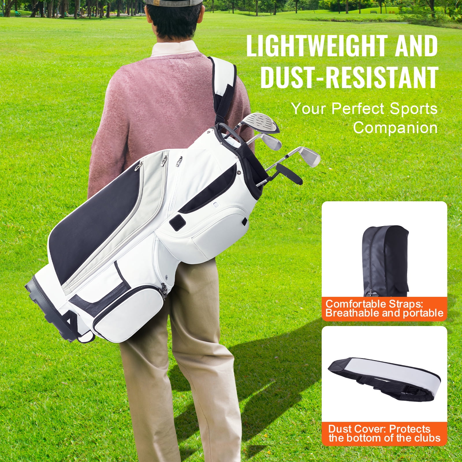 KFFKFF Golf Equipment Bag, 14 Section Divider, 36”, 13 Compartments, Superior Nylon Material, Robust Golf Bag with Grips, Dust Protector, Removable Straps, Suitable for All, White Color Scheme