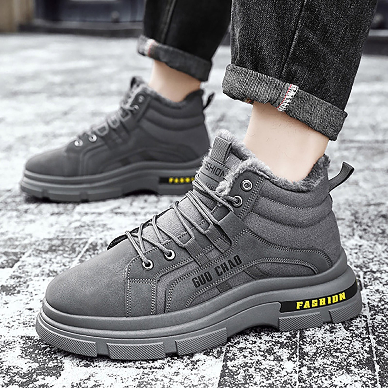 nsendm Men Shoes Adult Male Outrider Boots High Top Men Shoes New Winter Plush and Thick Thermal Cotton Shoes Men Casual Non Slip Snow Shoe for Men Grey 8.5 Walmart