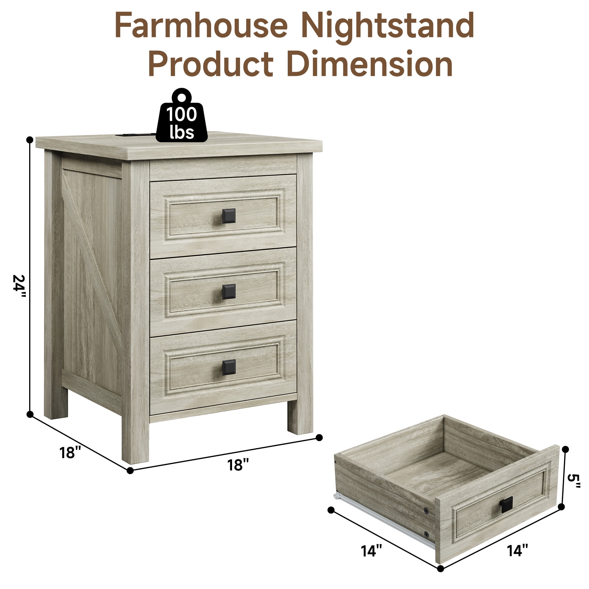 Nightstand Set of 2 Farmhouse Nightstand with 3 Storage Drawer,Bedside Tables with Charging Station,End Table for Bedroom Modern Wood Side Table Living Room,Gray
