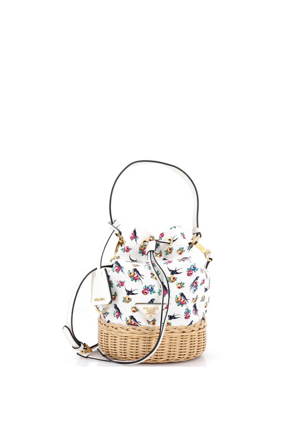 Pre-Owned Drawstring Bucket Bag Printed Canvas and Wicker Small By Rebag