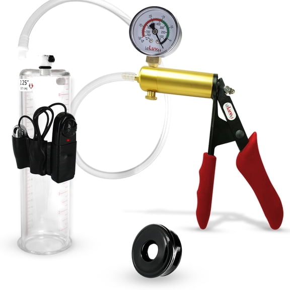 LeLuv Ultima Penis Pump, Brass w. Red Handle, Silicone Grip, Clear Hose Gauge | TPR | 9" x 2.25" Vibrating Cylinder