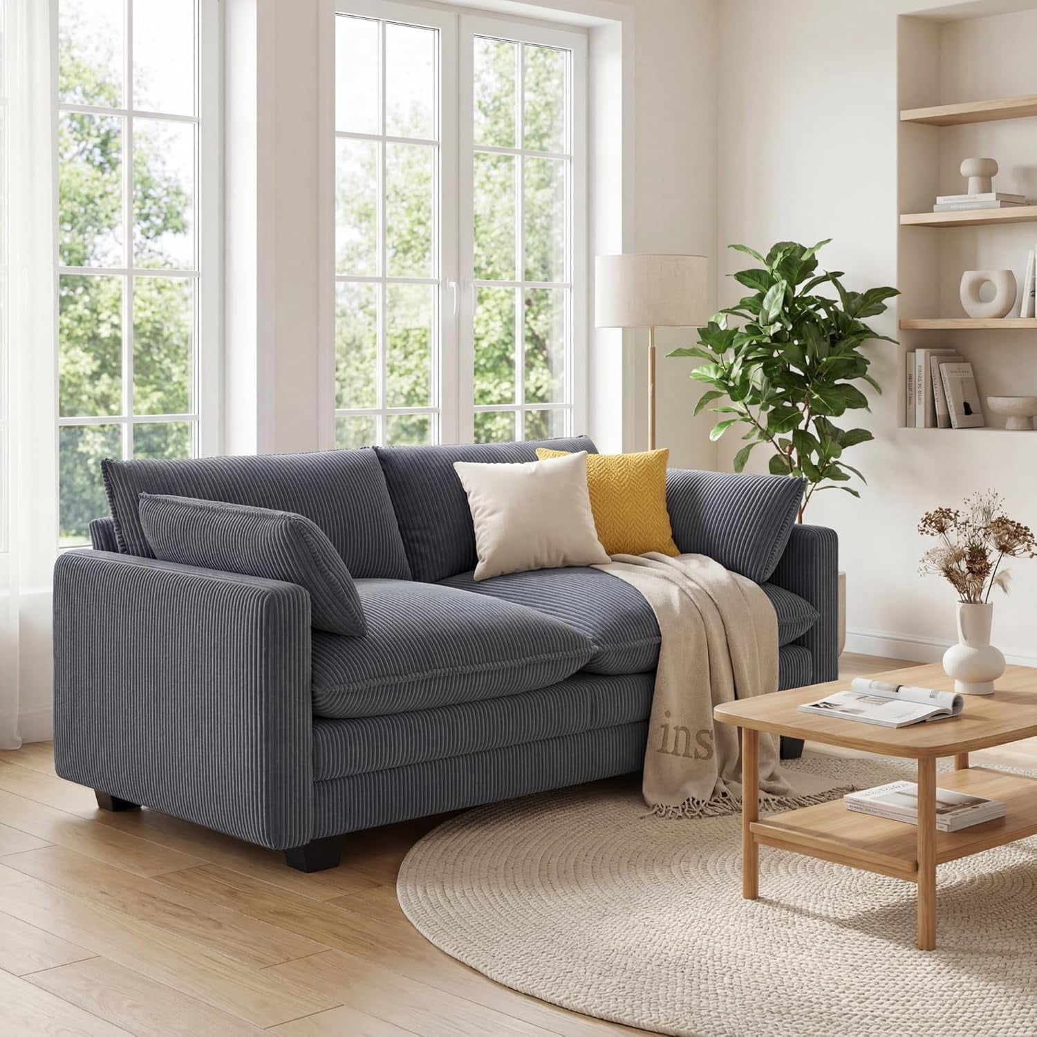 Noelse 75” Cloud Loveseat with Comfy Double Layer Upholstered Cushion, 2 Seater Modern Overstuffed Love seat Couch with Removable and Washable Corduroy Fabric for Living Room or Small Places, Grey