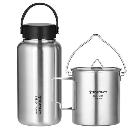 

Ametoys 1050ml Stainless Steel Water Bottle Leak Proof Sports Bottle with 750ml Water Cup Coffee Mug Hanging Pot for Outdoor Camping Hiking Backpacking Fishing