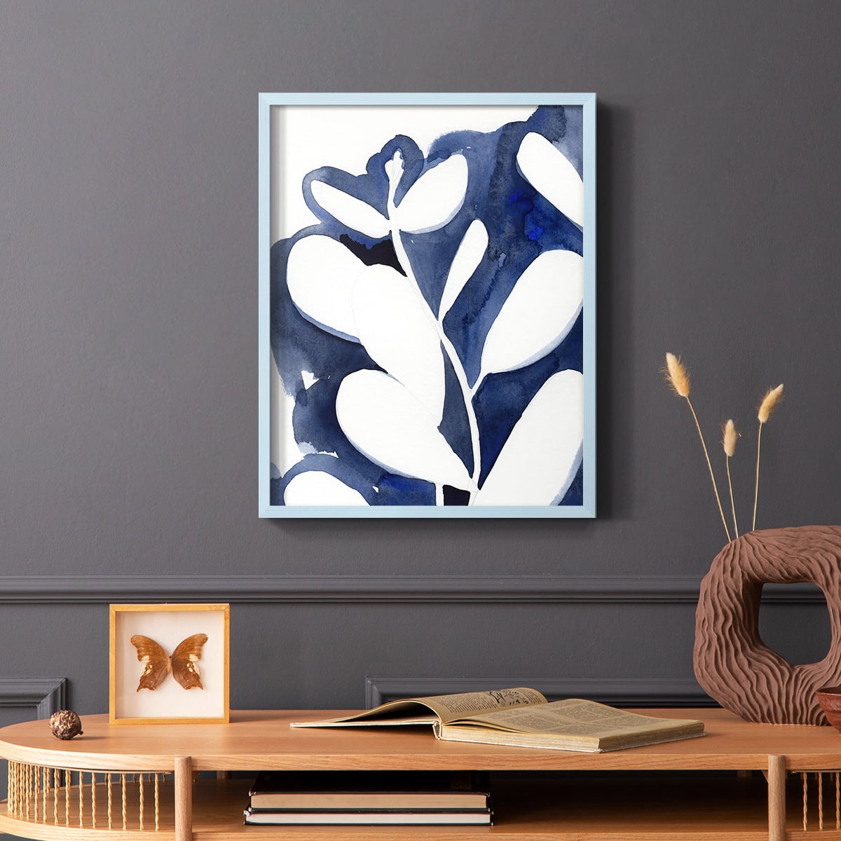 Blue Eucalyptus II Framed Print in Blue Solid Wood Framed Print No Nail Hanging