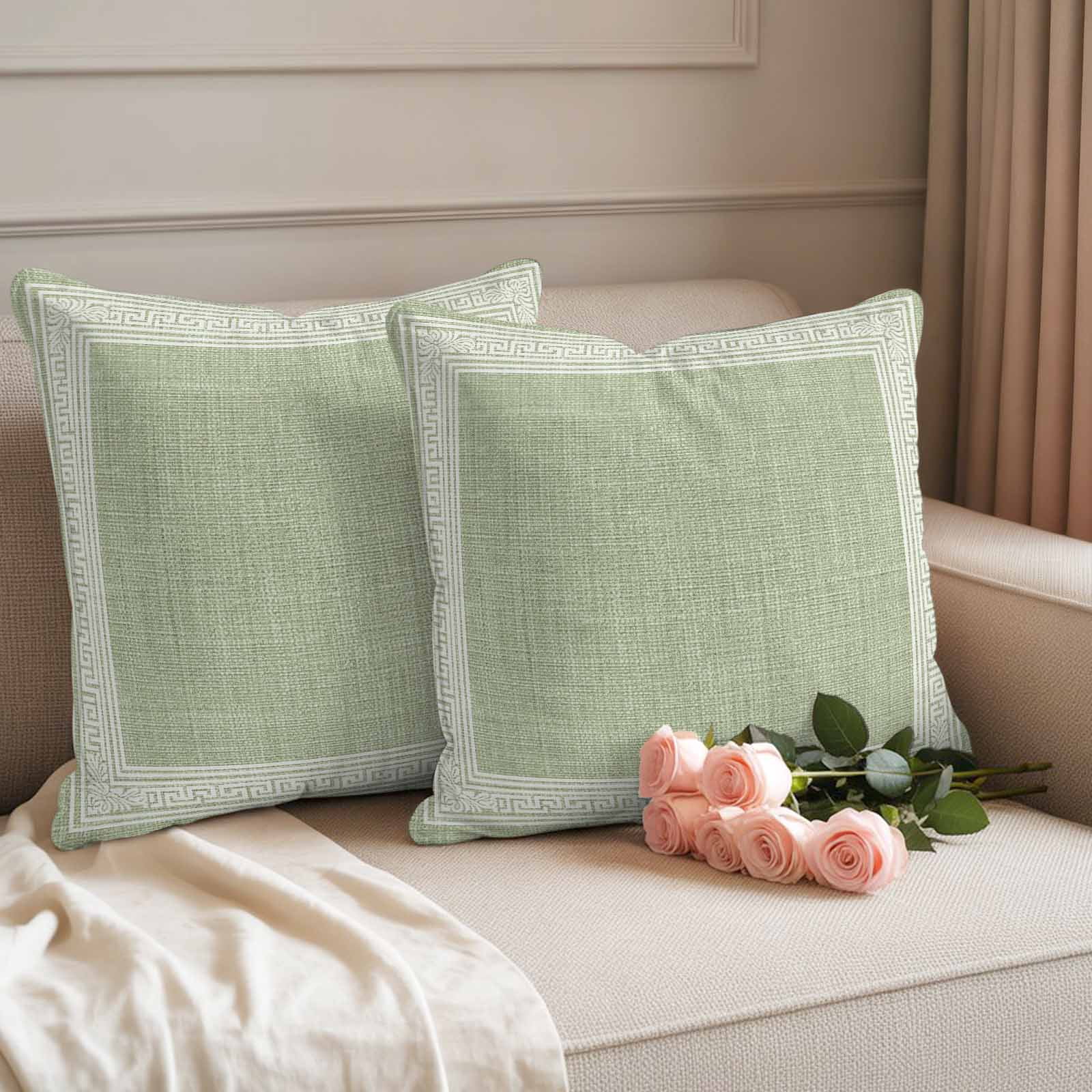 Waterproof Throw Pillow Covers 16x16 Set of 2, Sage Green Linen Burlap Key Outdoor Pillowcases Invisible Zipper, Abstract Greek Inspired Texture Decorative Cushion Covers for Patio Garden Sofa Couch
