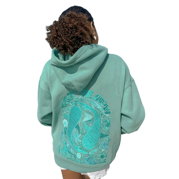 Women’s Oversized Vintage Protect the Ocean Graphic Embroidery Hoodie Preppy Sweatshirt for Teens