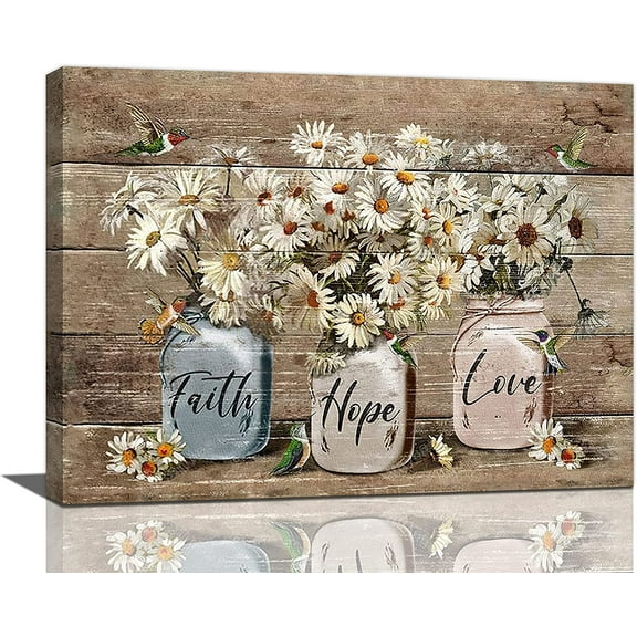Rustic Bathroom Canvas Wall Art Farmhouse Bathroom Flower Daisy Hummingbird Wall Decor Country Faith Hope Love Quotes Pictures Prints Framed Modern Artwork for Home Living Room Bedroom 16"x12"