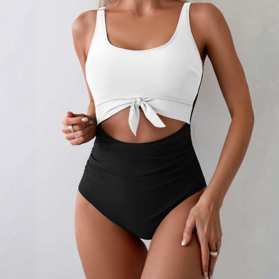 One Piece Swimsuit for Women Tummy Control Slimming Bathing Suit Cutout Tie Knot Printed Swimwear