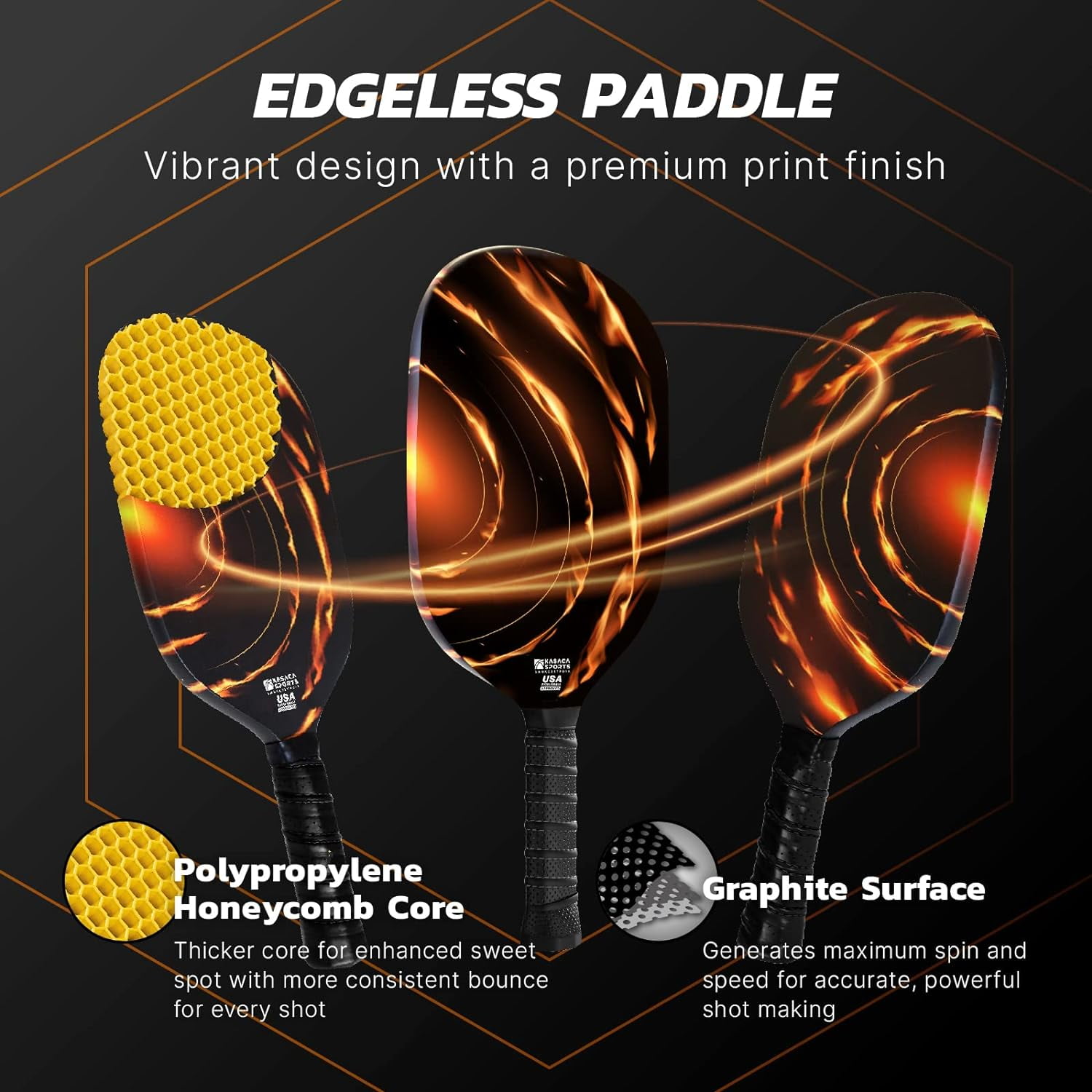 Kasaca Cosmic Ray Edgeless Graphite T700 Multilayer Carbon Fiber Pickleball Paddles, Longer Handle Comfort Grip, Large Sweet Spots, USAPA Approved, for Intermediate & Advanced Players