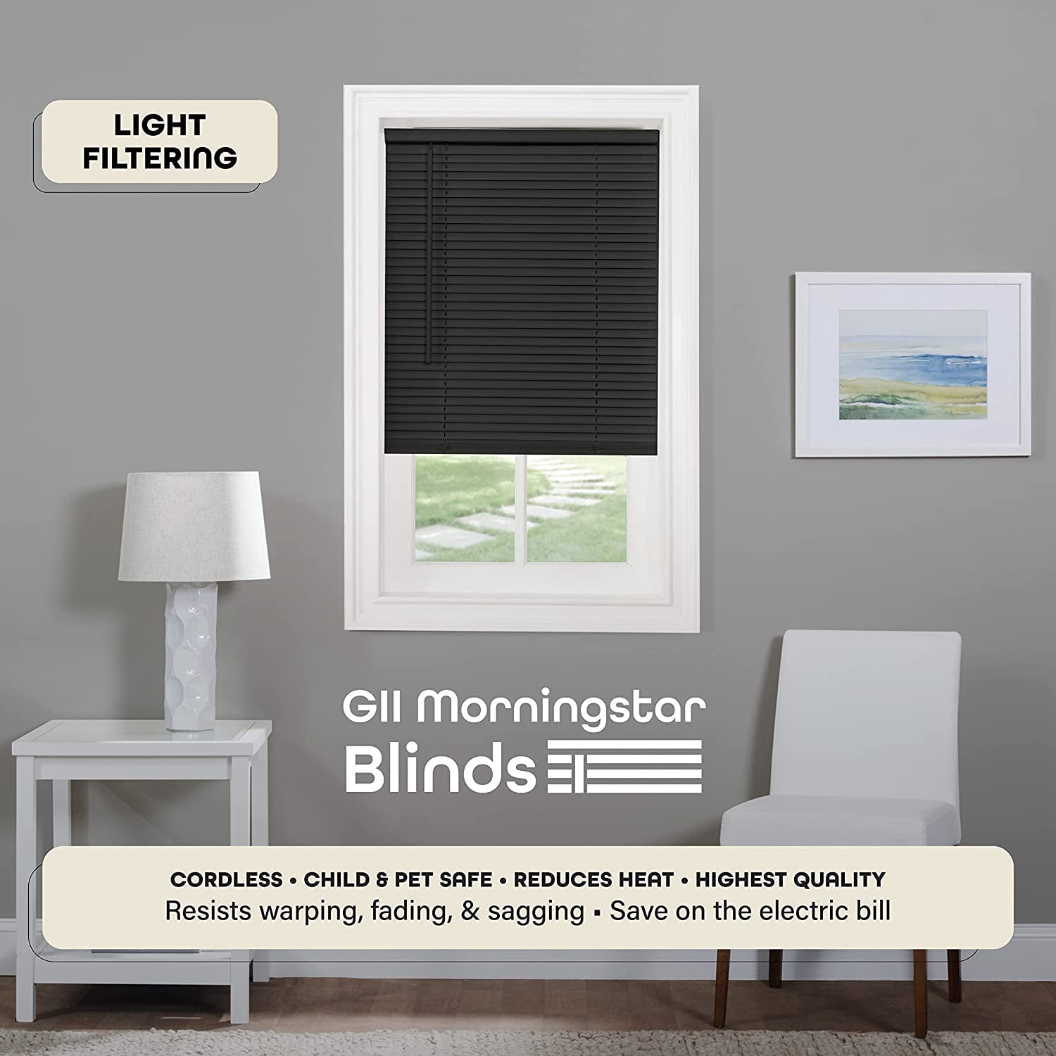 Cordless Light Filtering Mini Blind - 23 Inch Width, 64 Length, 1" Slat Size Black GII Morningstar Horizontal Windows Blinds for Interior by Home Decor