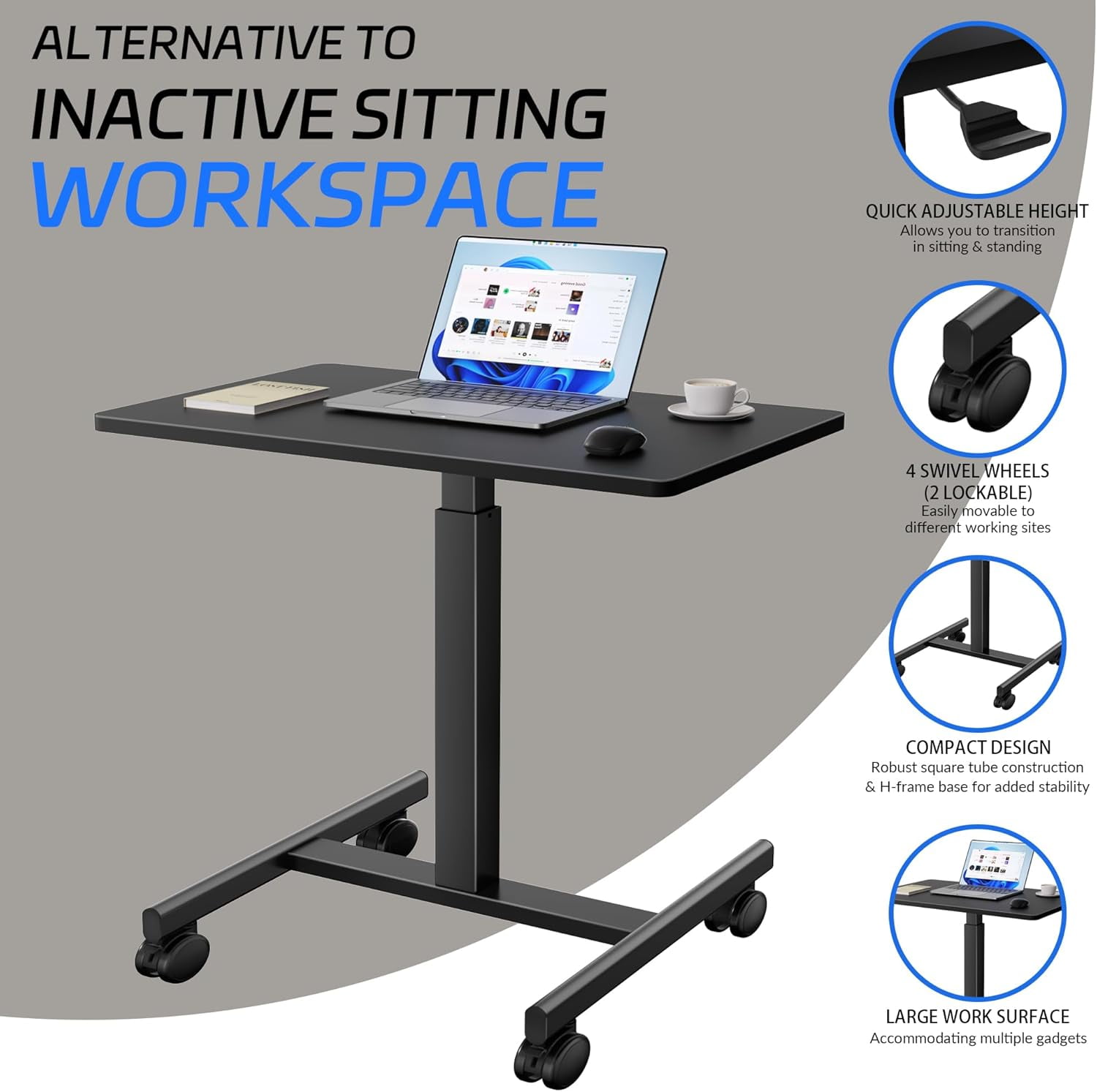 JessieMal Mobile Laptop Standing Desk Adjustable Height, Small Mobile Desk Workstation with Wheels, Portable Rolling Computer Desk Cart for Home Office Classroom (Black)