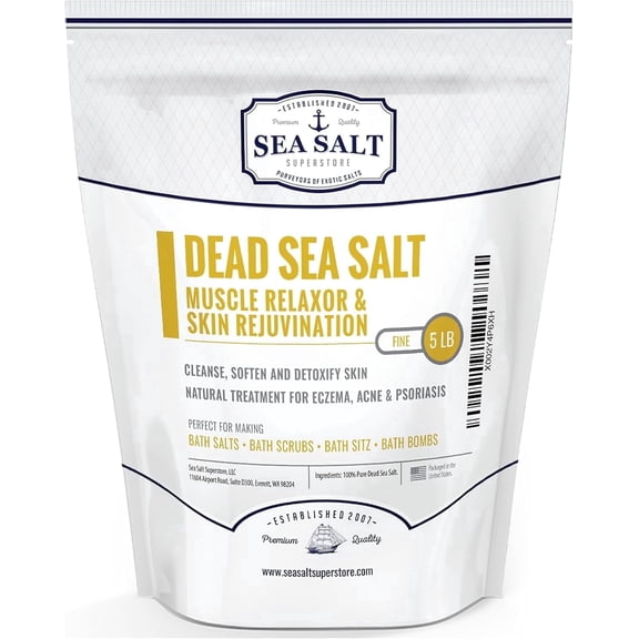 Sea Salt Superstore Natural Dead Sea Salt for Soaking - Fine Grain Mineral Bath Salts from Israel Supporting Muscle Relaxation & Skin Rejuvenation - Home Spa Essentials - (5lb Bag)