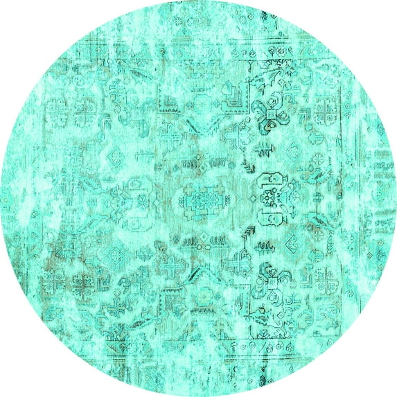 Ahgly Company Machine Washable Indoor Round Abstract Turquoise Blue Contemporary Area Rugs, 4' Round