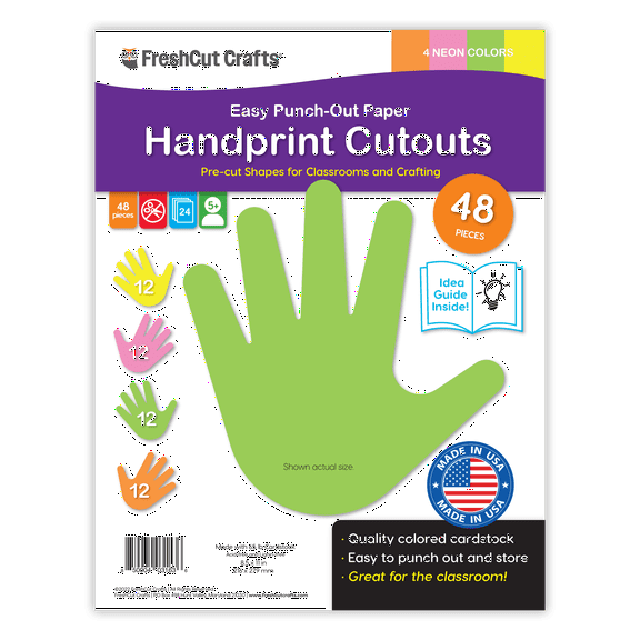 FreshCut Crafts Punch Out Paper Cutouts, Handprint Shapes, Neon Colors, 48 Pieces
