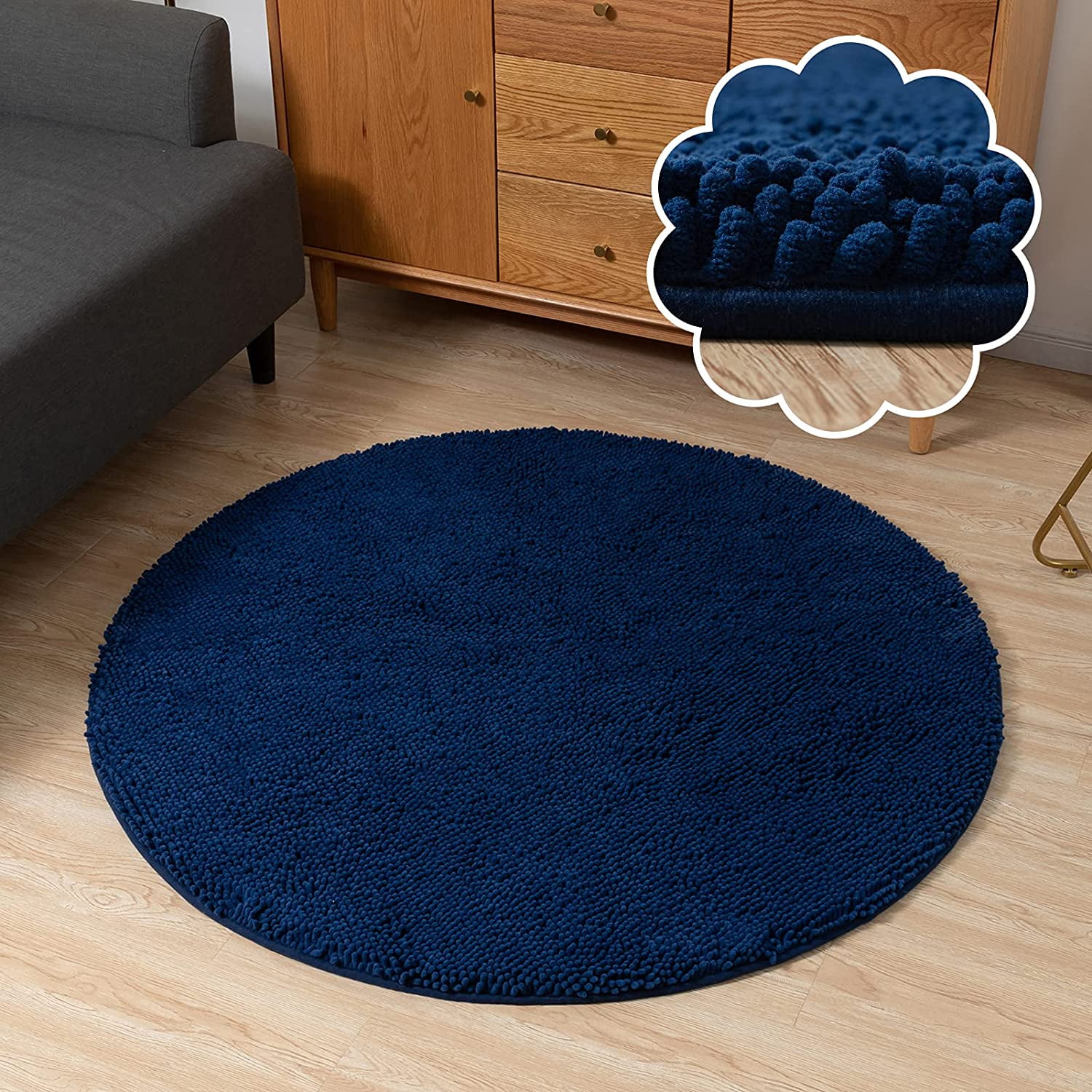 Round Rug, Circle Chenille Rug for Living Room, Round Area Rug with Non