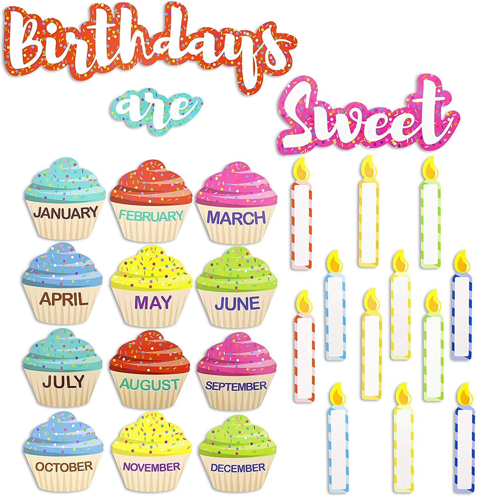 63 Pieces Classroom Cutouts Set Birthday Cupcakes and Candles Cut-outs for Decoration