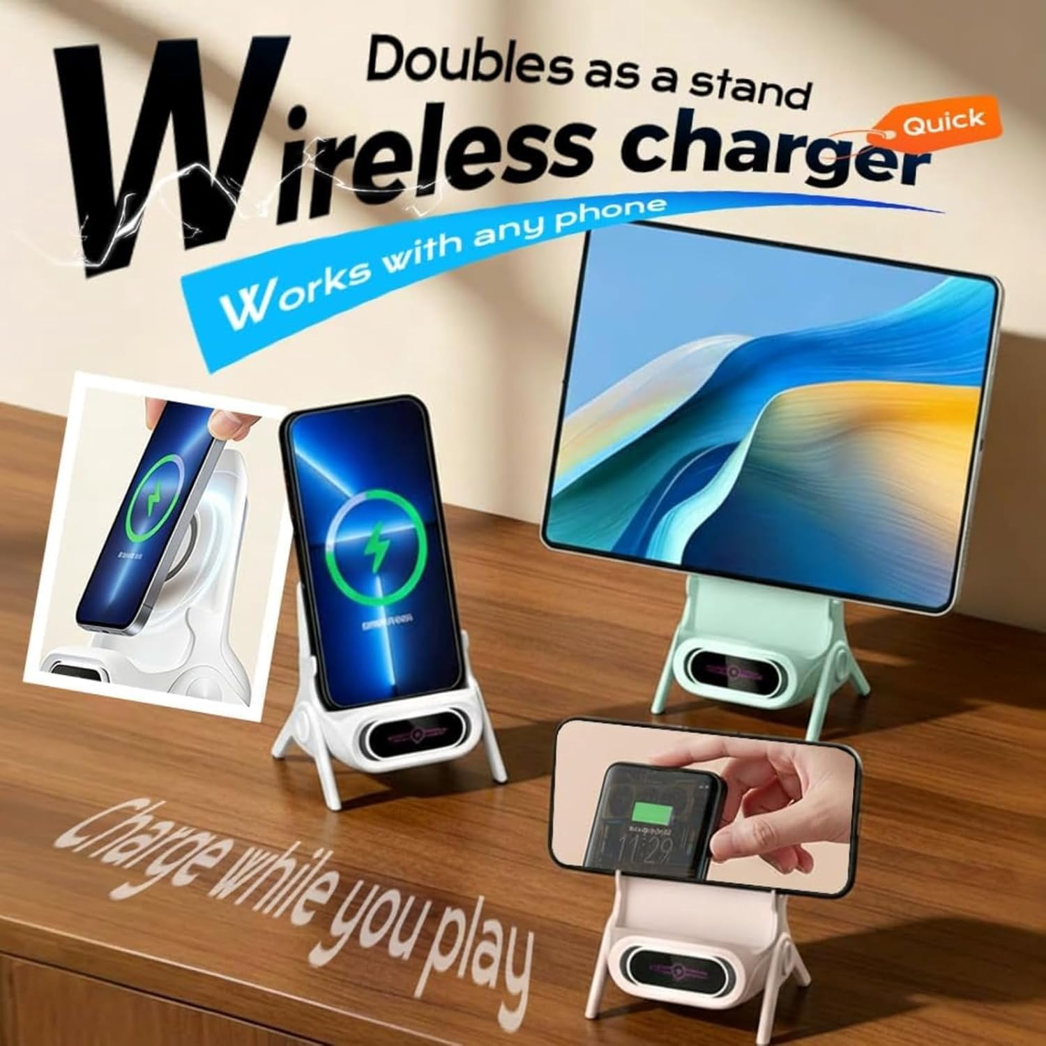 Mini Chair Wireless Fast Charger Multifunctional Phone Holder, 2026 New Wireless Fast Charger Phone Stand with Speaker, Charging Station Amplifier Mobile Phones Holder Stand (White)