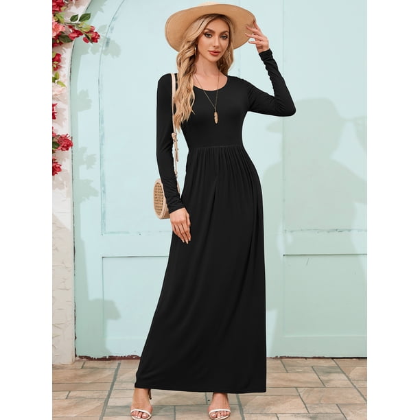 Chiclily Women's Long Sleeve Loose Plain Maxi Dresses Black Casual Long Dresses with Pockets, Size L