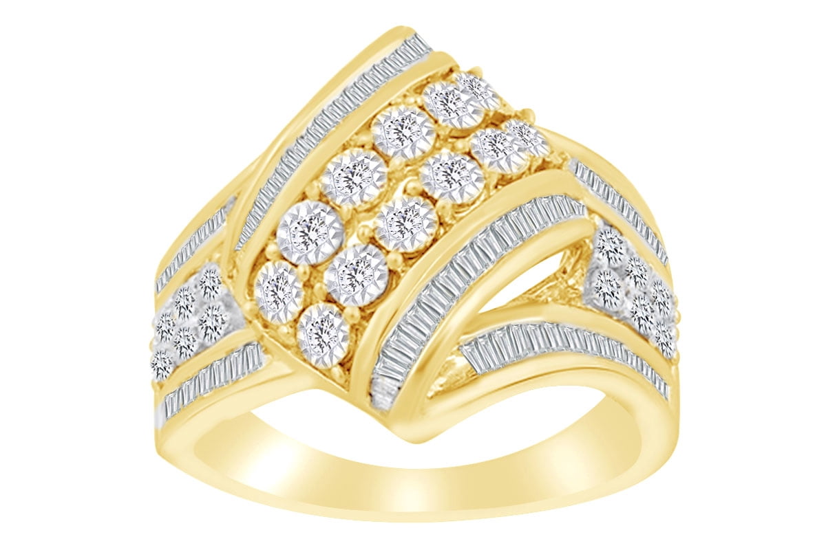 1 cttw) Round & Baguette Shape White Natural Diamond Cocktail Ring In 10k  Solid Yellow Gold - Walmart.com
