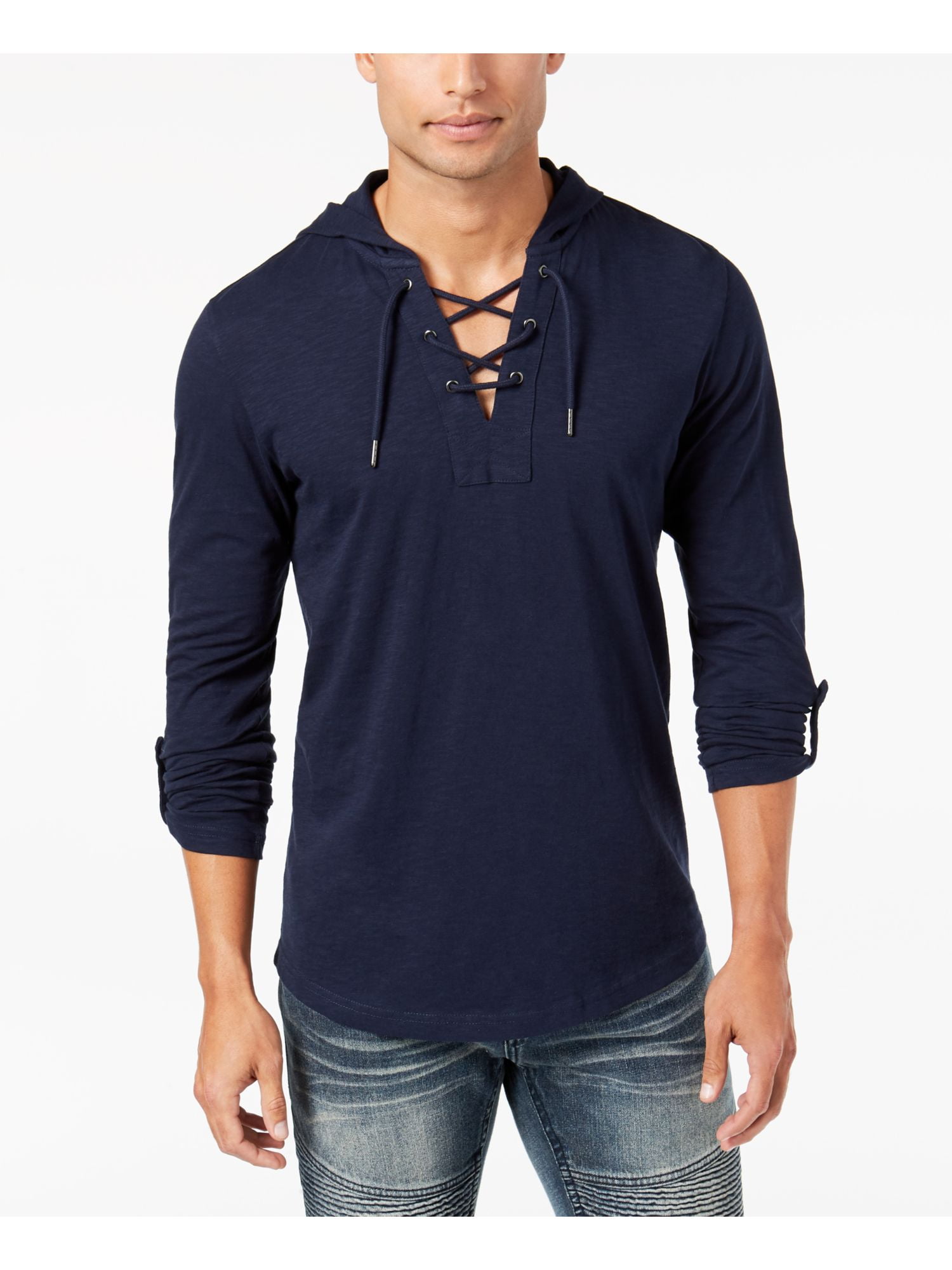 Mens Navy Lightweight Heather Long Sleeve V Neck Draw String Hooded T- Shirt XS - Walmart.com