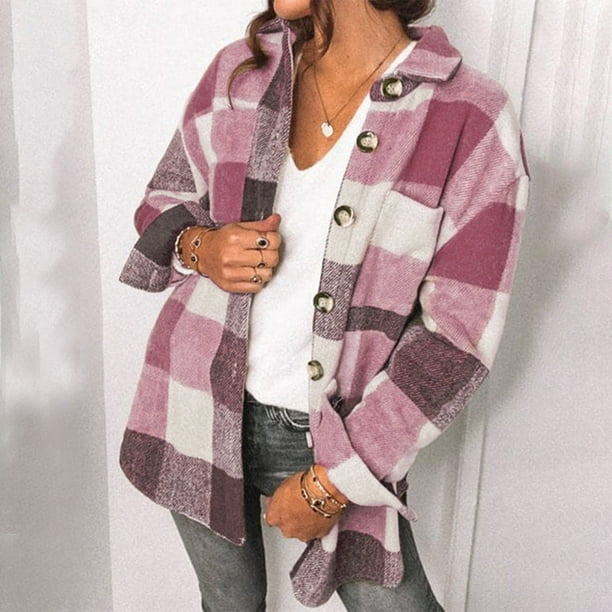 ICHUANYI Liquidación Chaquetas informales con cuello vuelto y estampado a cuadros de manga completa para mujer ICHUANYI WER202308257454