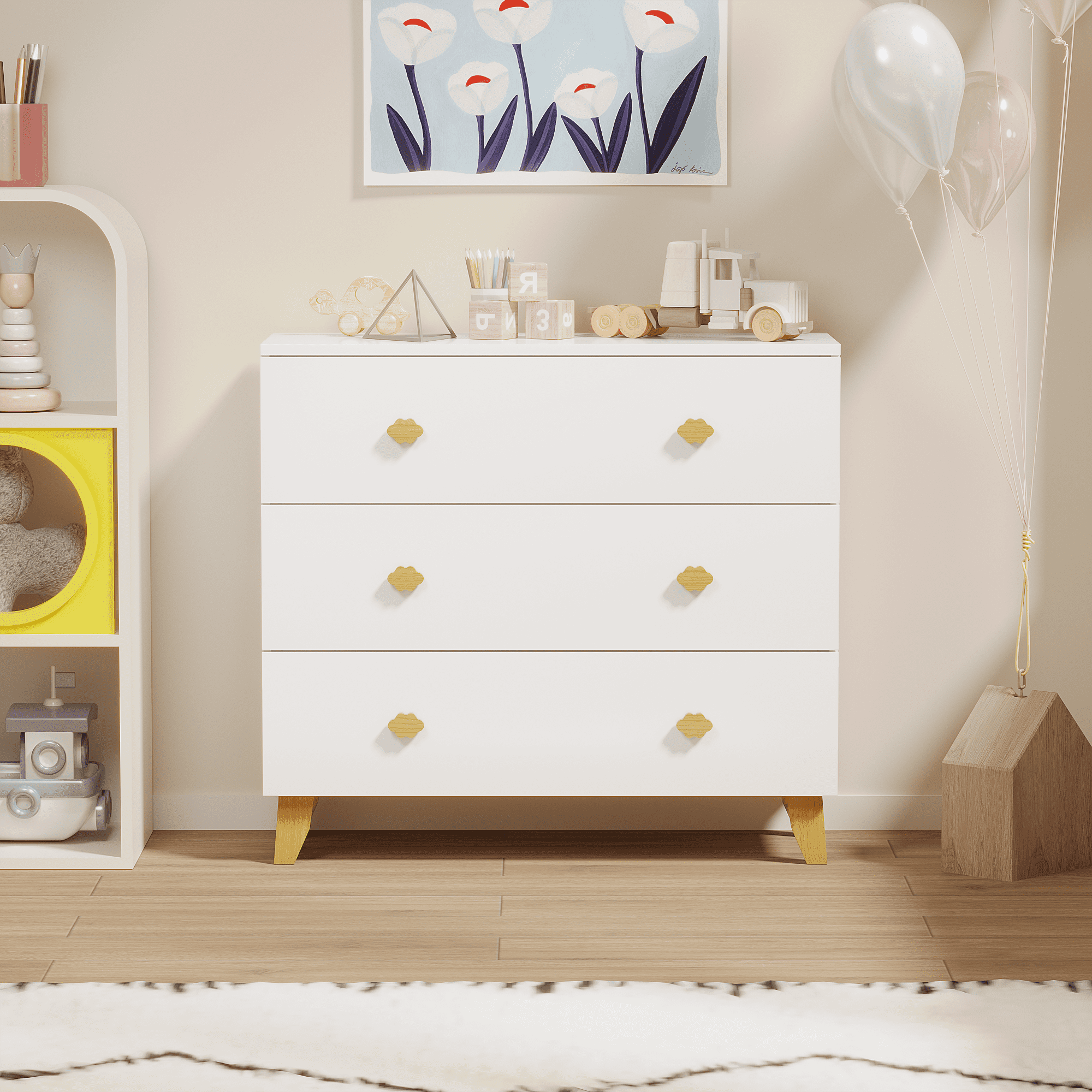 Kids Dresser with 3 Drawers, Wooden Cloud Handles & Pine Legs, MDF Chest of Drawers for Kids Room, Nursery Storage Cabinet, White