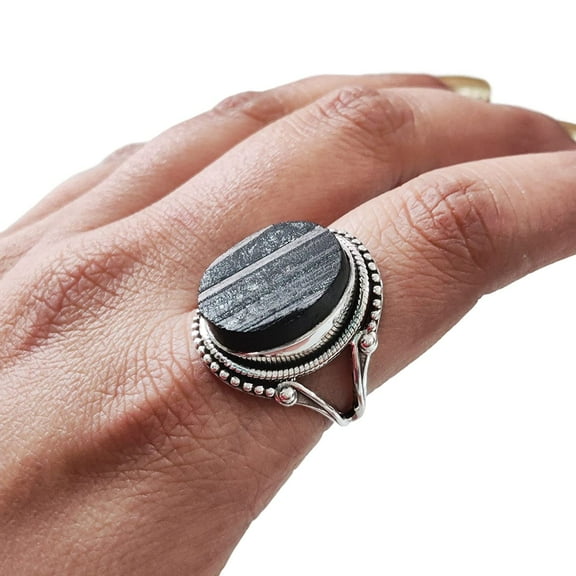 Natural Black Tourmaline Ring, Raw Black Tourmaline Ring, October Birthstone, Bohemian Band, 925 Sterling Silver, Womens Ring, Christmas, Thanksgiving, Handmade, Statement Jewelry, Gemstone Ring